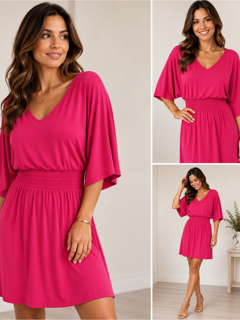 White House Black Market Fuchsia V-Neck Smocked-Waist Dress